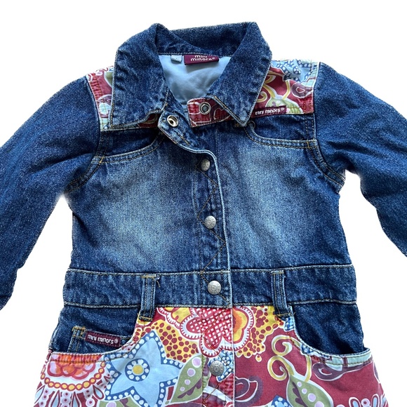 MINI MINORS Girls Dress Denim Top Floral Skirt Size 4 Long Sleeve Pockets Blue - Picture 2 of 6